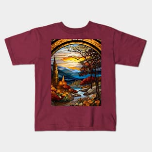 Stained Glass Window Of Autumn Scenery Kids T-Shirt